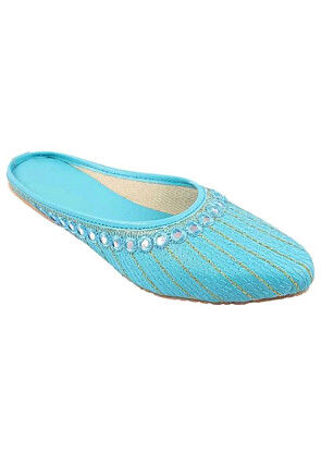 Embroidered Synthetic Women Jutti in Turquoise