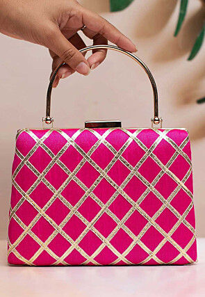 Embroidered Synthetic Rectangular Clutch Bag in Fuchsia