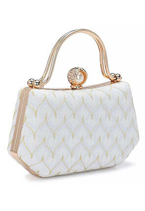 Embroidered Synthetic Rectangular Clutch Bag in Off White