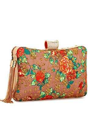 Embroidered Synthetic Rectangular Clutch Bag in Peach