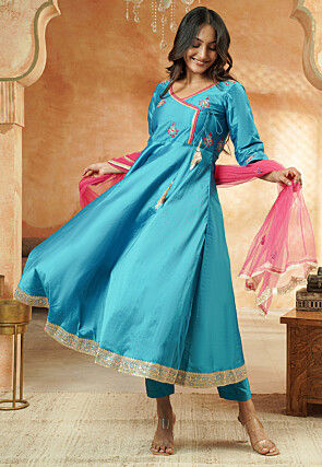 Embroidered Taffeta Silk Anarkali Suit in Aqua Blue