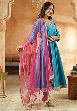 Embroidered Taffeta Silk Anarkali Suit in Aqua Blue