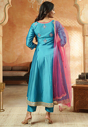Embroidered Taffeta Silk Anarkali Suit in Aqua Blue