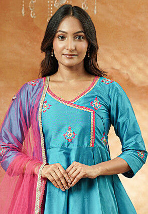 Embroidered Taffeta Silk Anarkali Suit in Aqua Blue