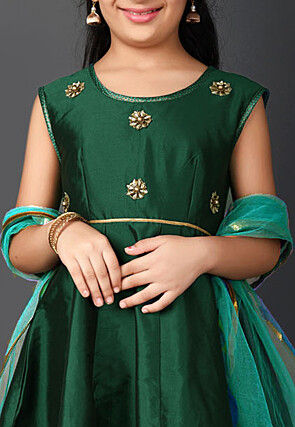 Embroidered Taffeta Silk Anarkali Suit in Dark Green