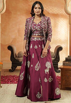 Embroidered Taffeta Silk Crop Top Set in Wine