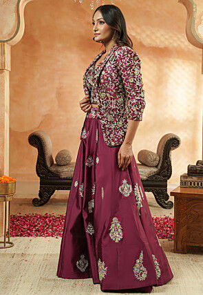 Embroidered Taffeta Silk Crop Top Set in Wine