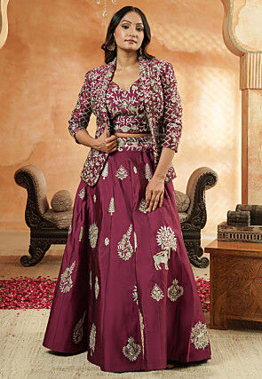 Embroidered Taffeta Silk Crop Top Set in Wine