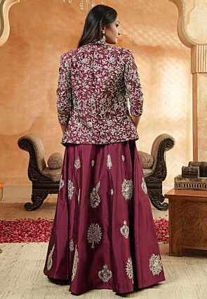 Embroidered Taffeta Silk Crop Top Set in Wine