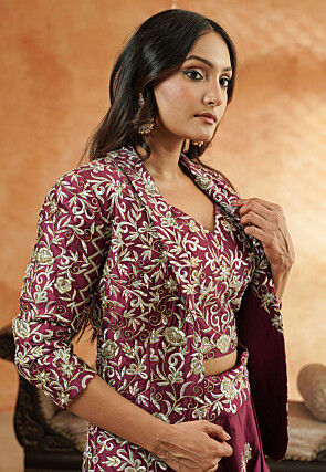 Embroidered Taffeta Silk Crop Top Set in Wine