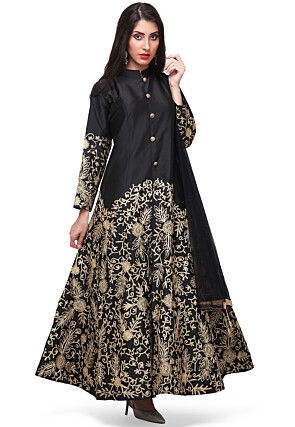 Embroidered Taffeta Silk Front Slit Pakistani Suit in Black