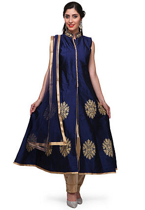 Embroidered Taffeta Silk Front Slit Pakistani Suit in Dark Blue