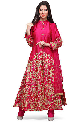 Embroidered Taffeta Silk Front Slit Pakistani Suit in Fuchsia