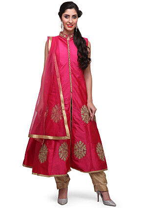 Embroidered Taffeta Silk Front Slit Pakistani Suit in Fuchsia