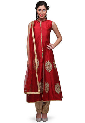 Embroidered Taffeta Silk Front Slit Pakistani Suit in Red
