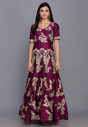 Embroidered Taffeta Silk Gown in Magenta Purple