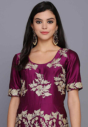 Embroidered Taffeta Silk Gown in Magenta Purple