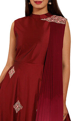 Embroidered Taffeta Silk Gown in Maroon