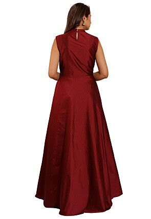 Embroidered Taffeta Silk Gown in Maroon