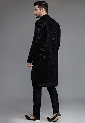 Embroidered Uppada Silk Sherwani in Black
