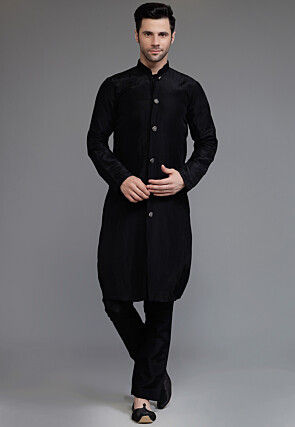 Embroidered Uppada Silk Sherwani in Black