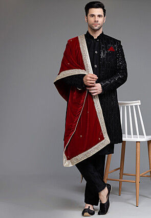 Embroidered Uppada Silk Sherwani in Black