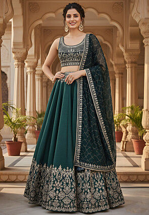 Embroidered Taffeta Silk Lehenga in Dark Green