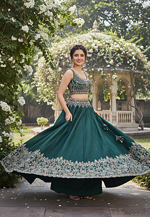 Embroidered Taffeta Silk Lehenga in Dark Green
