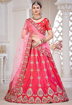 Embroidered Taffeta Silk Lehenga in Dark Pink