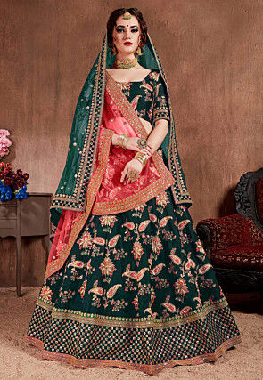 Embroidered Taffeta Silk Lehenga in Green