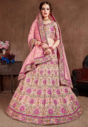 Embroidered Taffeta Silk Lehenga in Pink