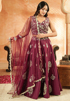 Embroidered Taffeta Silk Lehenga in Wine