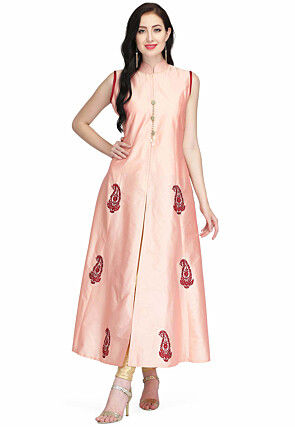Embroidered Taffeta Silk Long Kurta in Peach