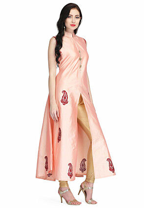 Embroidered Taffeta Silk Long Kurta in Peach