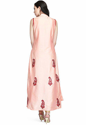 Embroidered Taffeta Silk Long Kurta in Peach