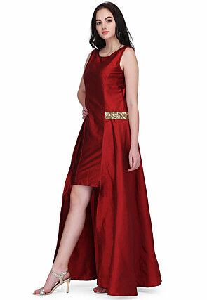 Embroidered Taffeta Silk Maxi Dress in Maroon