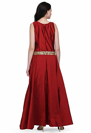 Embroidered Taffeta Silk Maxi Dress in Maroon