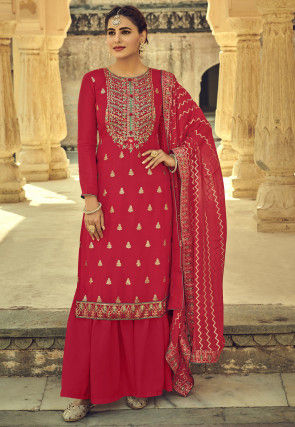 Embroidered Taffeta Silk Pakistani Suit in Red