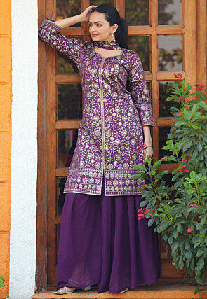 Embroidered Taffeta Silk Pakistani Suit in Violet