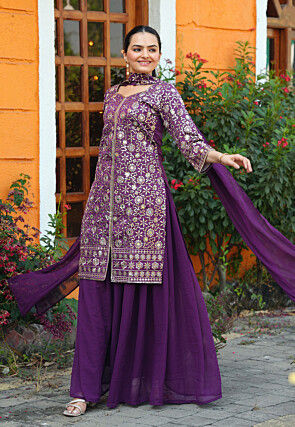 Embroidered Taffeta Silk Pakistani Suit in Violet