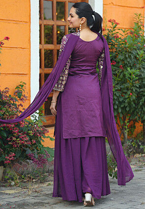Embroidered Taffeta Silk Pakistani Suit in Violet
