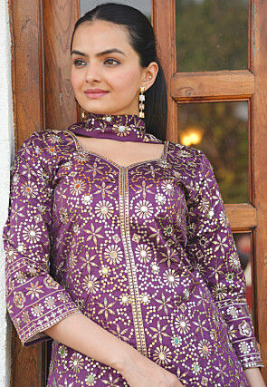 Embroidered Taffeta Silk Pakistani Suit in Violet