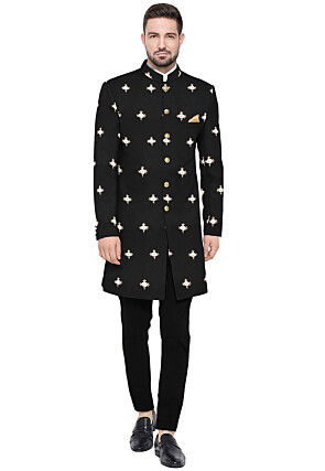 Embroidered Taffeta Silk Sherwani in Black