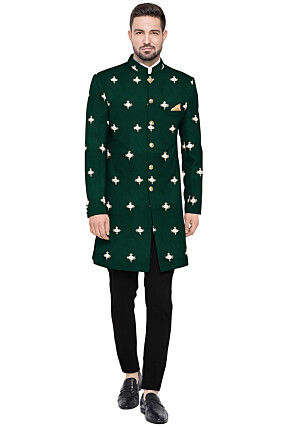 Embroidered Taffeta Silk Sherwani in Dark Green