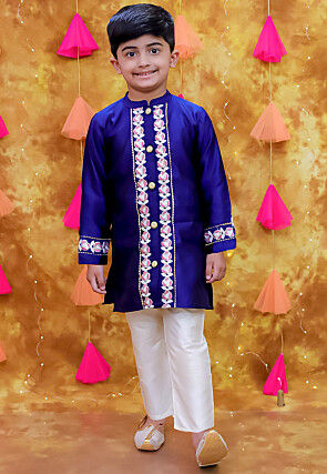 Embroidered Taffeta Silk Sherwani Set in Navy Blue