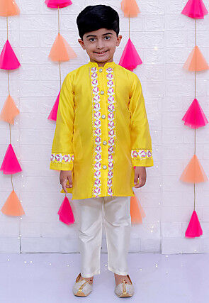 Embroidered Taffeta Silk Sherwani Set in Yellow