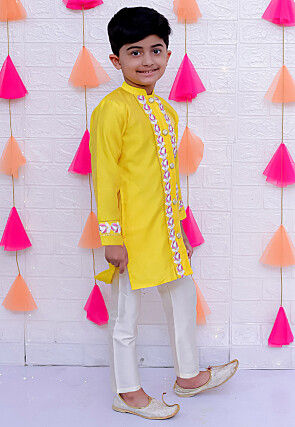 Embroidered Taffeta Silk Sherwani Set in Yellow