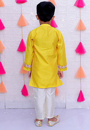 Embroidered Taffeta Silk Sherwani Set in Yellow