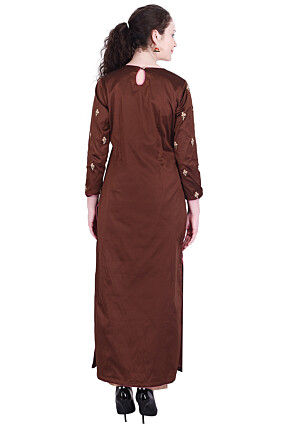 Embroidered Taffeta Silk Straight Kurta in Dark Brown