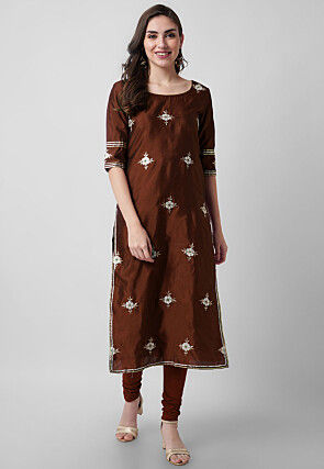 Embroidered Taffeta Silk Straight Kurta Set in Brown